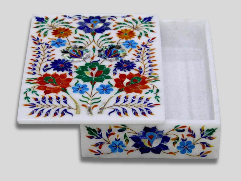 Marble Jewelry Box Lapis Multi Inlay Floral Design